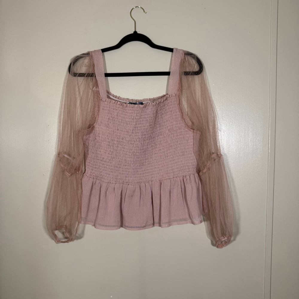 Arula Rose Pink Smocked Peasant Milkmaid Blouse with Sheer Sleeves 1X
